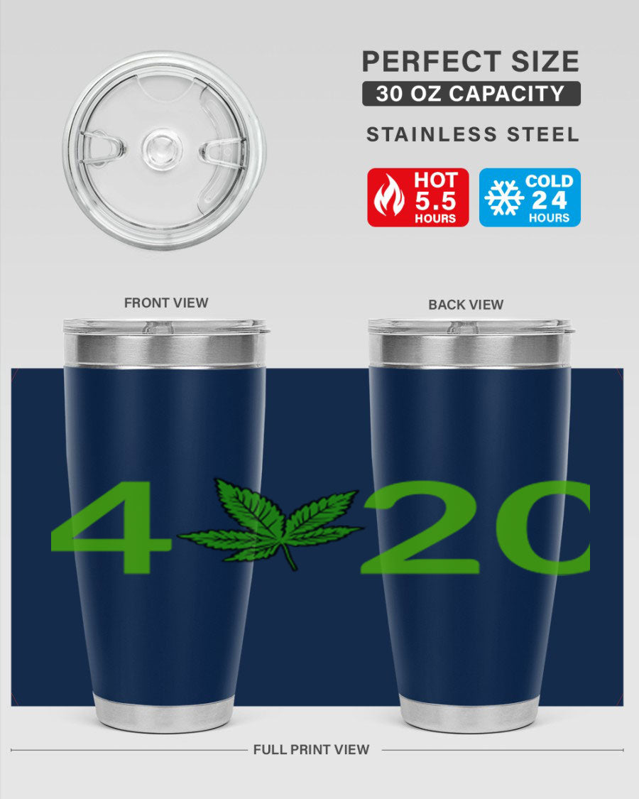 A stylish 20oz cannabis-themed tumbler made of stainless steel with a drink-thru lid, showcasing its double wall vacuum insulation.