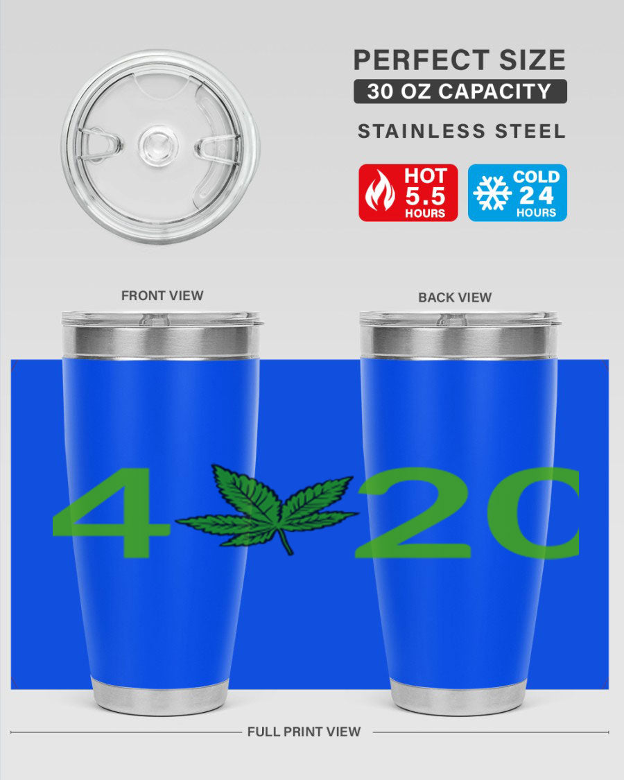 A stylish 20oz cannabis-themed tumbler made of stainless steel with a drink-thru lid, showcasing its double wall vacuum insulation.