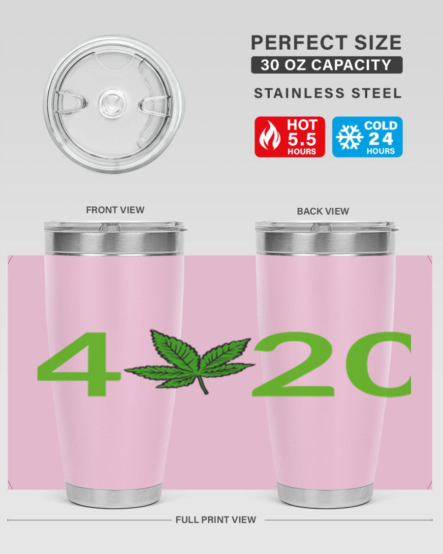 A stylish 20oz cannabis-themed tumbler made of stainless steel with a drink-thru lid, showcasing its double wall vacuum insulation.
