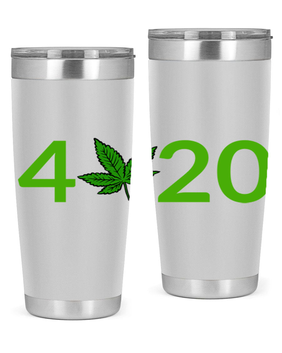A stylish 20oz cannabis-themed tumbler made of stainless steel with a drink-thru lid, showcasing its double wall vacuum insulation.