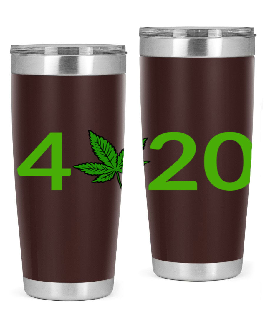 A stylish 20oz cannabis-themed tumbler made of stainless steel with a drink-thru lid, showcasing its double wall vacuum insulation.