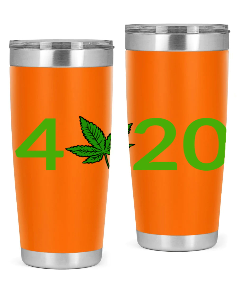 A stylish 20oz cannabis-themed tumbler made of stainless steel with a drink-thru lid, showcasing its double wall vacuum insulation.