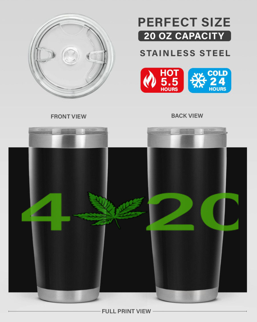 A stylish 20oz cannabis-themed tumbler made of stainless steel with a drink-thru lid, showcasing its double wall vacuum insulation.