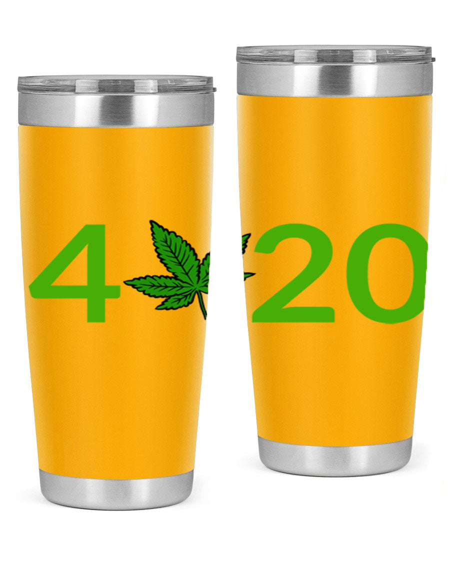 A stylish 20oz cannabis-themed tumbler made of stainless steel with a drink-thru lid, showcasing its double wall vacuum insulation.