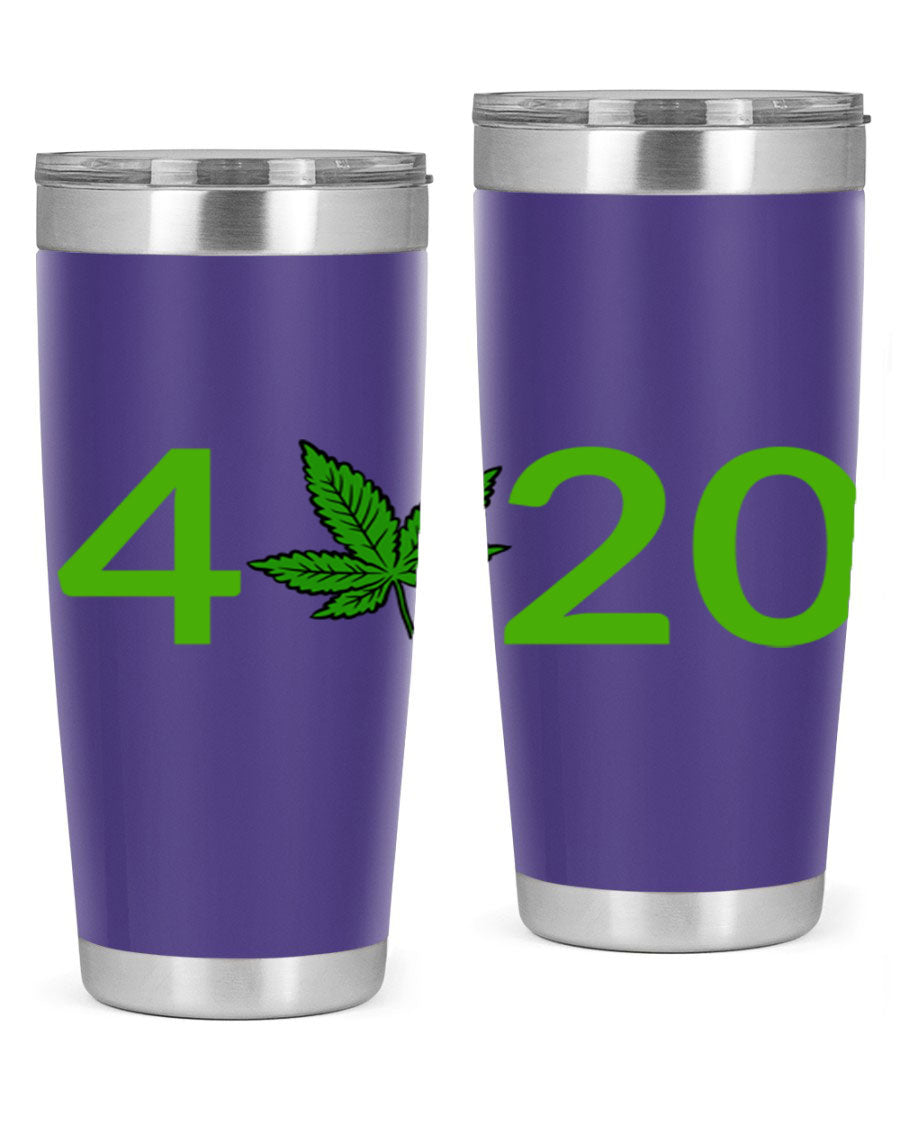 A stylish 20oz cannabis-themed tumbler made of stainless steel with a drink-thru lid, showcasing its double wall vacuum insulation.