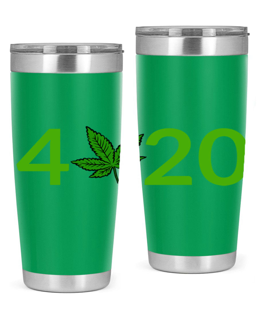 A stylish 20oz cannabis-themed tumbler made of stainless steel with a drink-thru lid, showcasing its double wall vacuum insulation.