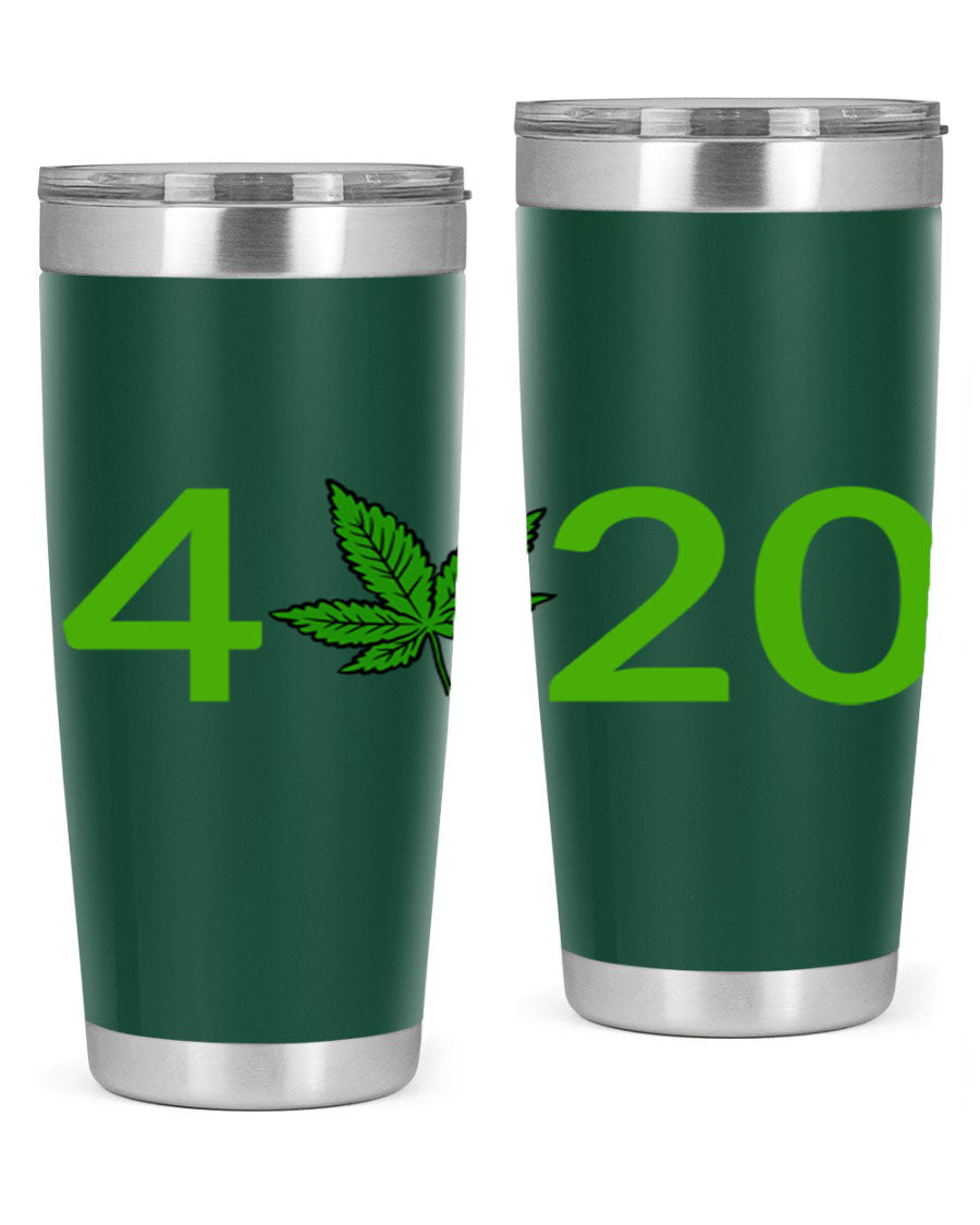 A stylish 20oz cannabis-themed tumbler made of stainless steel with a drink-thru lid, showcasing its double wall vacuum insulation.