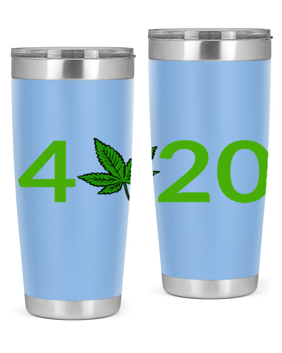 A stylish 20oz cannabis-themed tumbler made of stainless steel with a drink-thru lid, showcasing its double wall vacuum insulation.