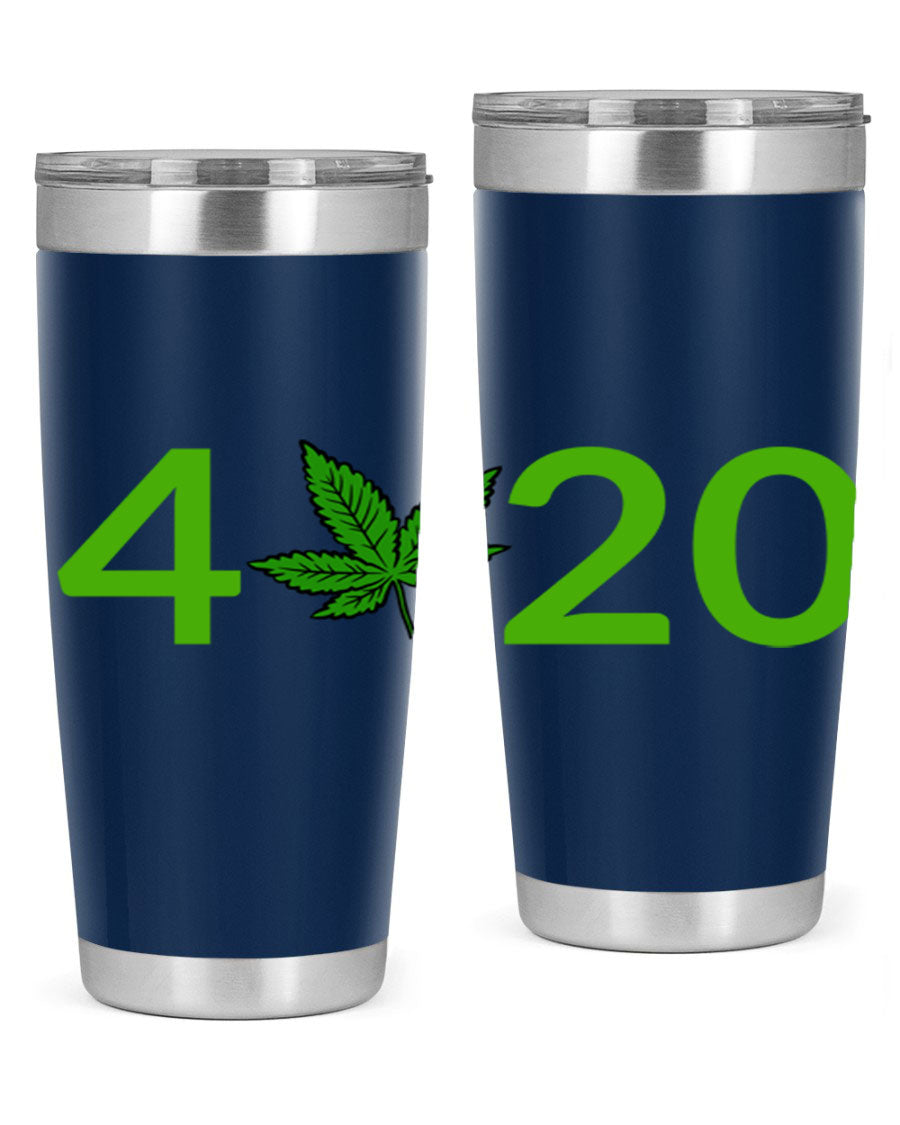 A stylish 20oz cannabis-themed tumbler made of stainless steel with a drink-thru lid, showcasing its double wall vacuum insulation.