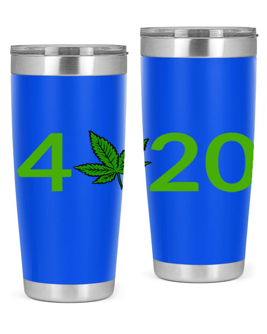 A stylish 20oz cannabis-themed tumbler made of stainless steel with a drink-thru lid, showcasing its double wall vacuum insulation.