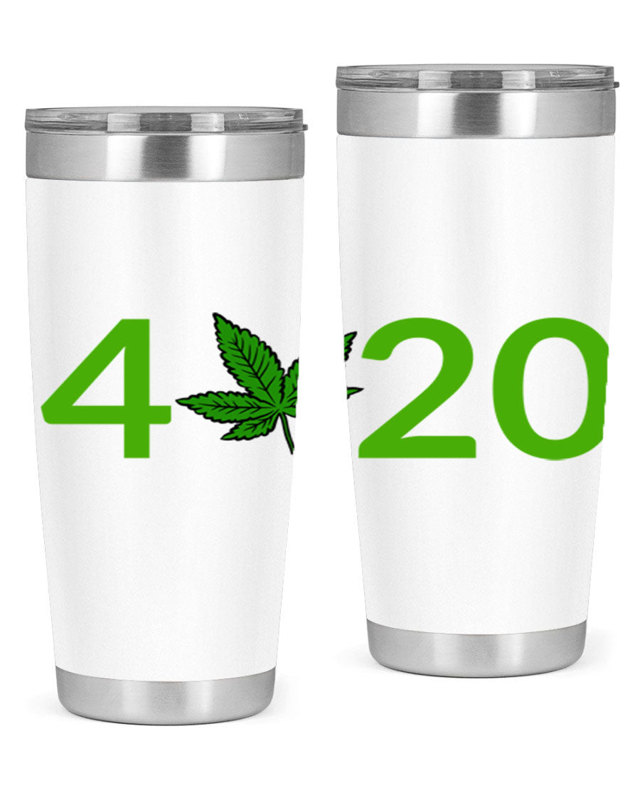 A stylish 20oz cannabis-themed tumbler made of stainless steel with a drink-thru lid, showcasing its double wall vacuum insulation.