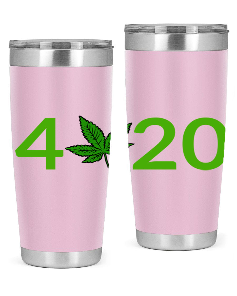 A stylish 20oz cannabis-themed tumbler made of stainless steel with a drink-thru lid, showcasing its double wall vacuum insulation.