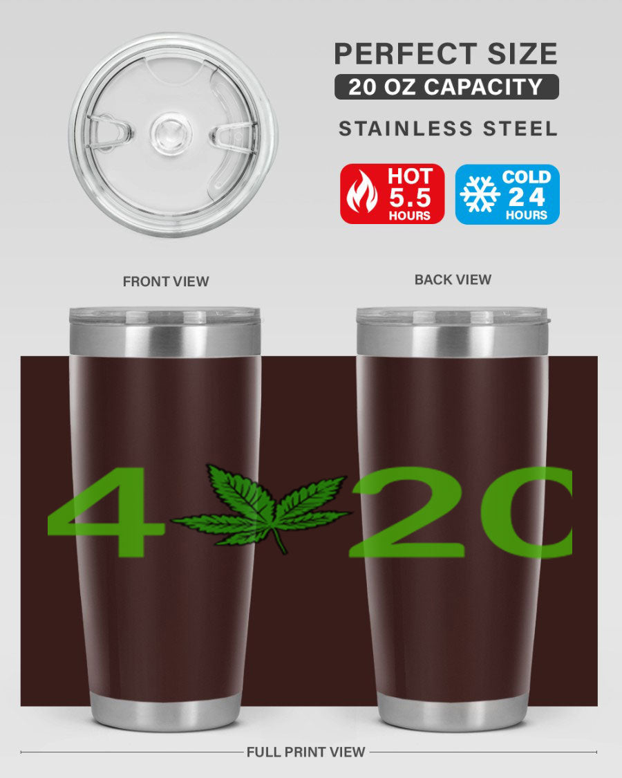 A stylish 20oz cannabis-themed tumbler made of stainless steel with a drink-thru lid, showcasing its double wall vacuum insulation.