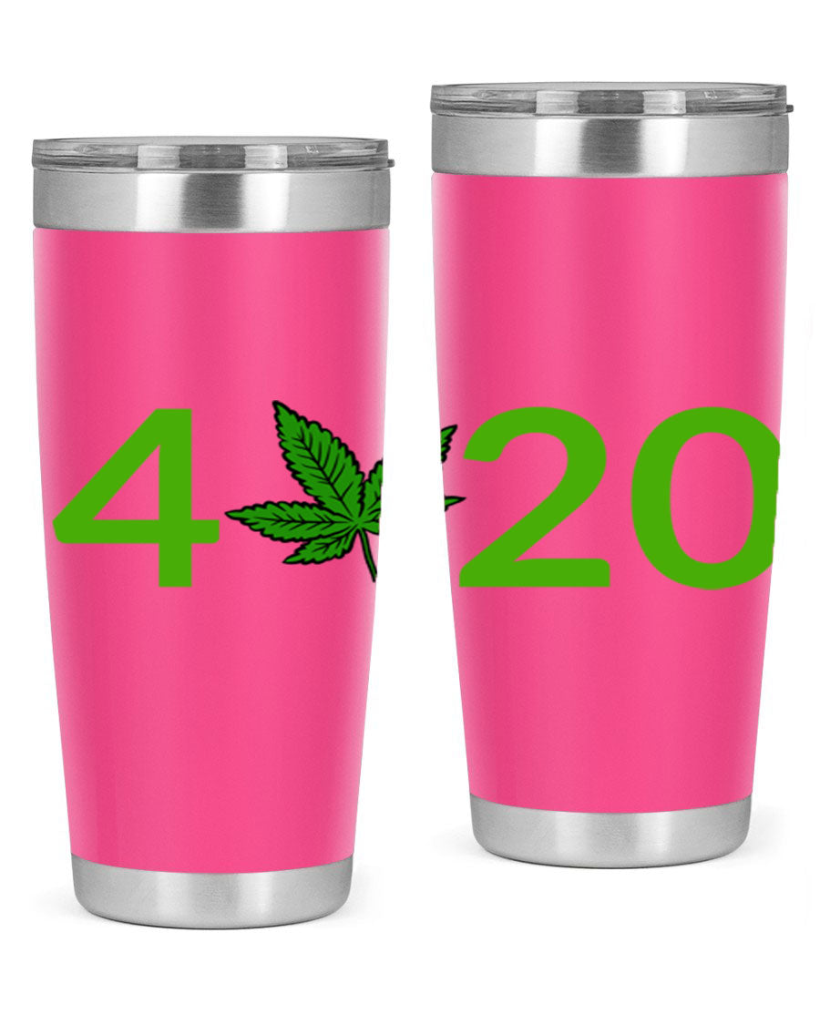 A stylish 20oz cannabis-themed tumbler made of stainless steel with a drink-thru lid, showcasing its double wall vacuum insulation.