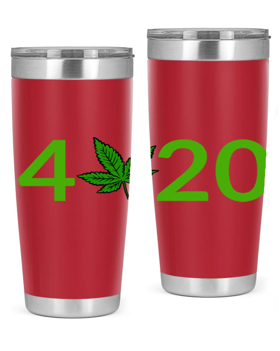 A stylish 20oz cannabis-themed tumbler made of stainless steel with a drink-thru lid, showcasing its double wall vacuum insulation.