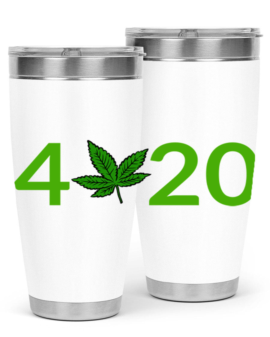A stylish 20oz cannabis-themed tumbler made of stainless steel with a drink-thru lid, showcasing its double wall vacuum insulation.