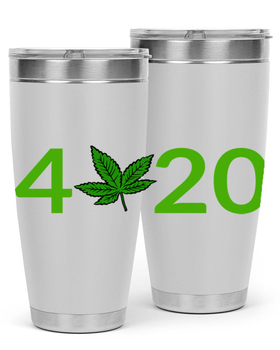 A stylish 20oz cannabis-themed tumbler made of stainless steel with a drink-thru lid, showcasing its double wall vacuum insulation.