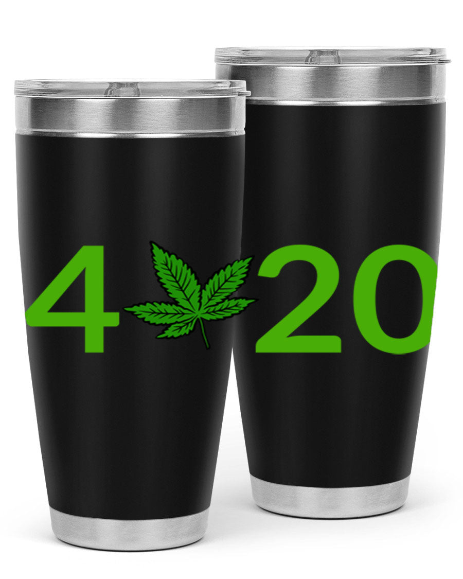 A stylish 20oz cannabis-themed tumbler made of stainless steel with a drink-thru lid, showcasing its double wall vacuum insulation.