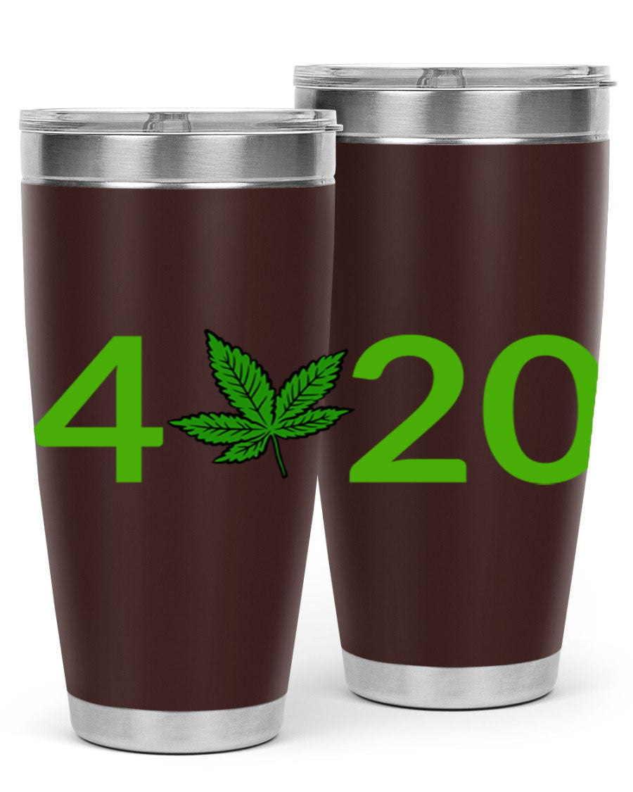 A stylish 20oz cannabis-themed tumbler made of stainless steel with a drink-thru lid, showcasing its double wall vacuum insulation.