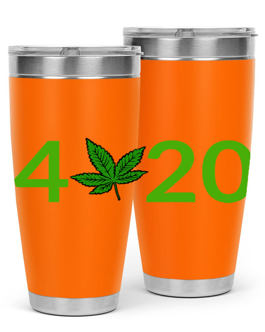 A stylish 20oz cannabis-themed tumbler made of stainless steel with a drink-thru lid, showcasing its double wall vacuum insulation.