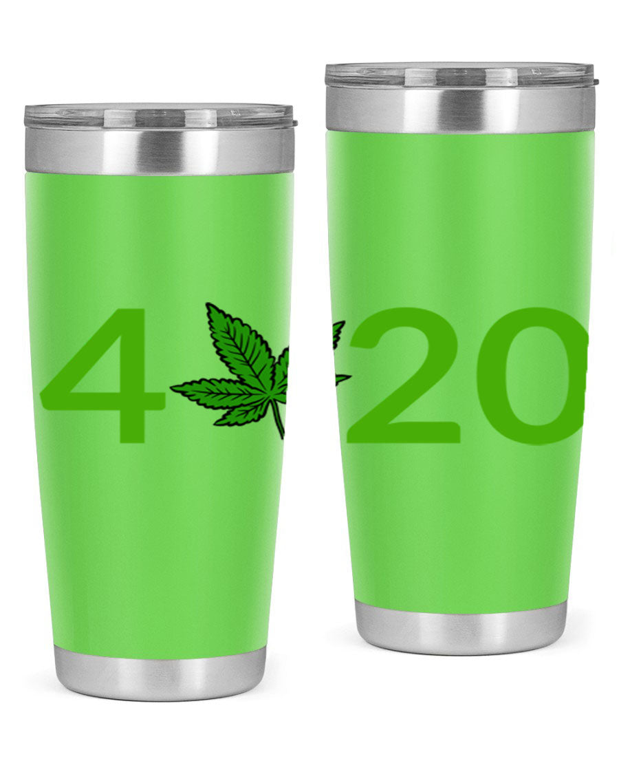 A stylish 20oz cannabis-themed tumbler made of stainless steel with a drink-thru lid, showcasing its double wall vacuum insulation.
