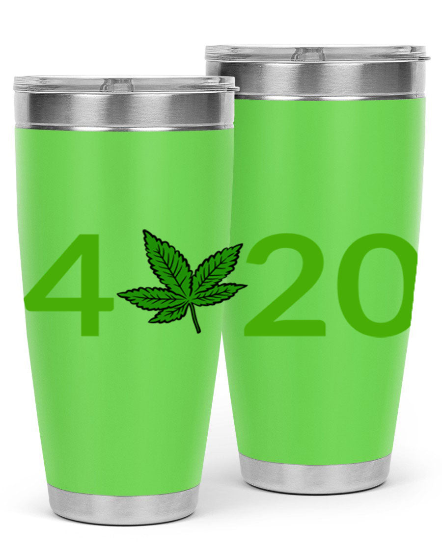 A stylish 20oz cannabis-themed tumbler made of stainless steel with a drink-thru lid, showcasing its double wall vacuum insulation.