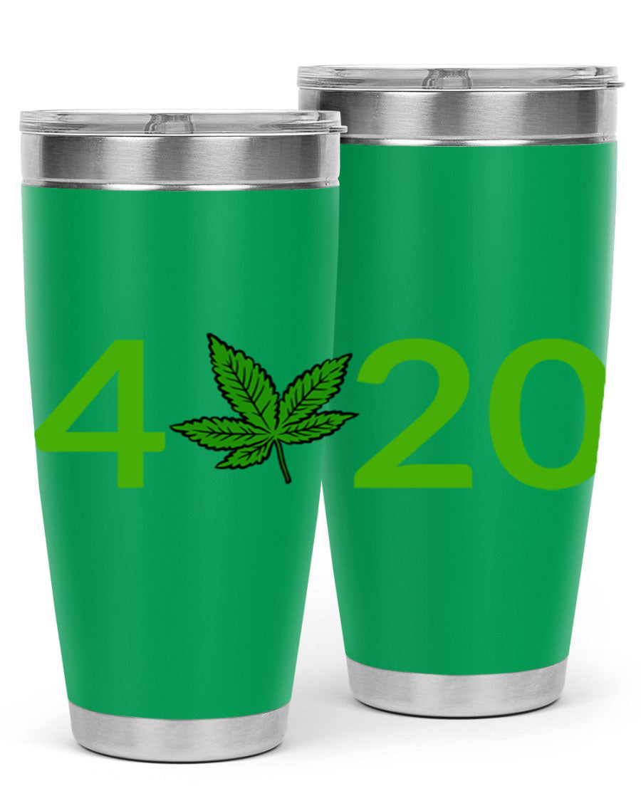 A stylish 20oz cannabis-themed tumbler made of stainless steel with a drink-thru lid, showcasing its double wall vacuum insulation.