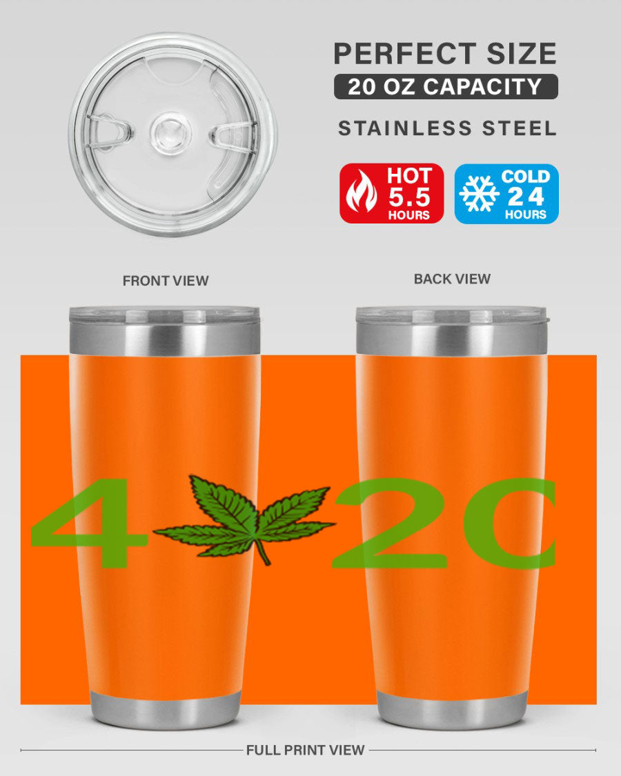 A stylish 20oz cannabis-themed tumbler made of stainless steel with a drink-thru lid, showcasing its double wall vacuum insulation.