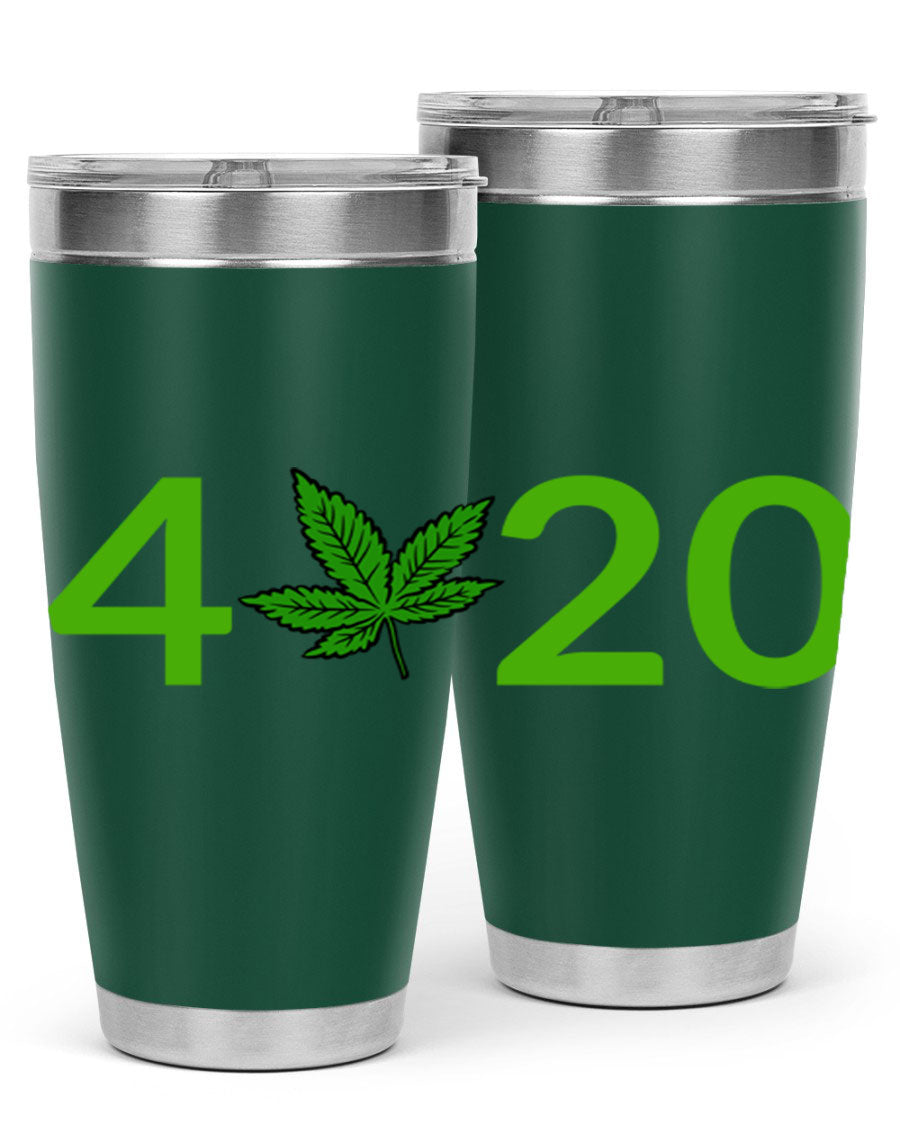 A stylish 20oz cannabis-themed tumbler made of stainless steel with a drink-thru lid, showcasing its double wall vacuum insulation.