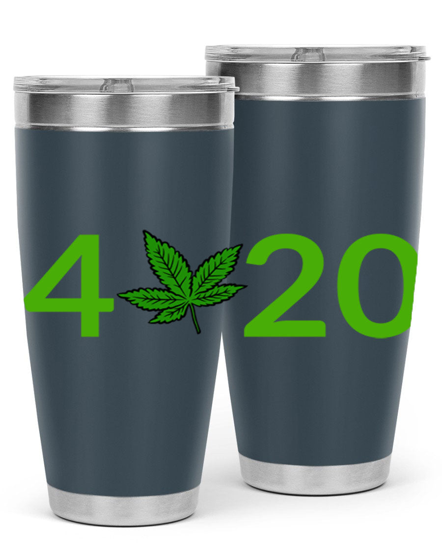 A stylish 20oz cannabis-themed tumbler made of stainless steel with a drink-thru lid, showcasing its double wall vacuum insulation.