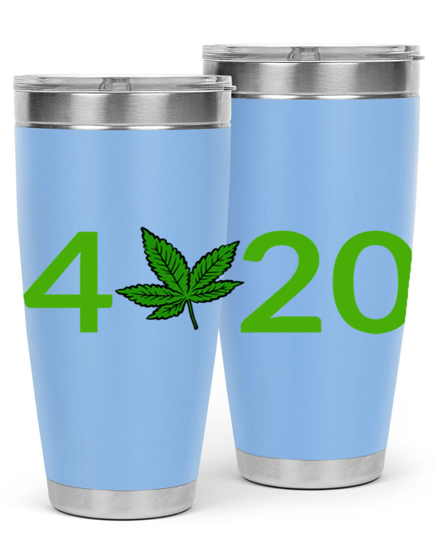 A stylish 20oz cannabis-themed tumbler made of stainless steel with a drink-thru lid, showcasing its double wall vacuum insulation.