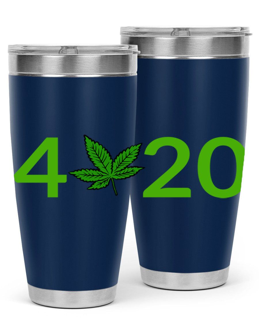 A stylish 20oz cannabis-themed tumbler made of stainless steel with a drink-thru lid, showcasing its double wall vacuum insulation.