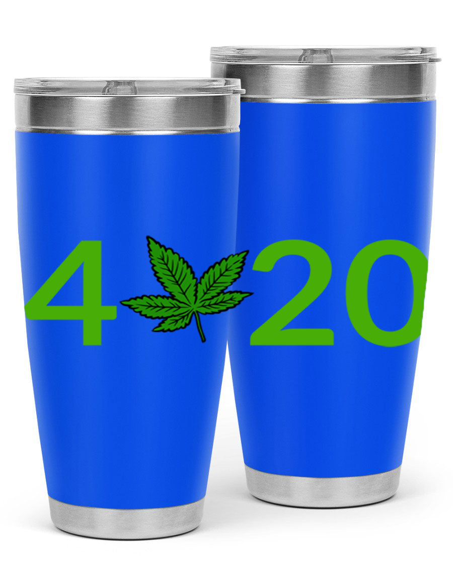 A stylish 20oz cannabis-themed tumbler made of stainless steel with a drink-thru lid, showcasing its double wall vacuum insulation.