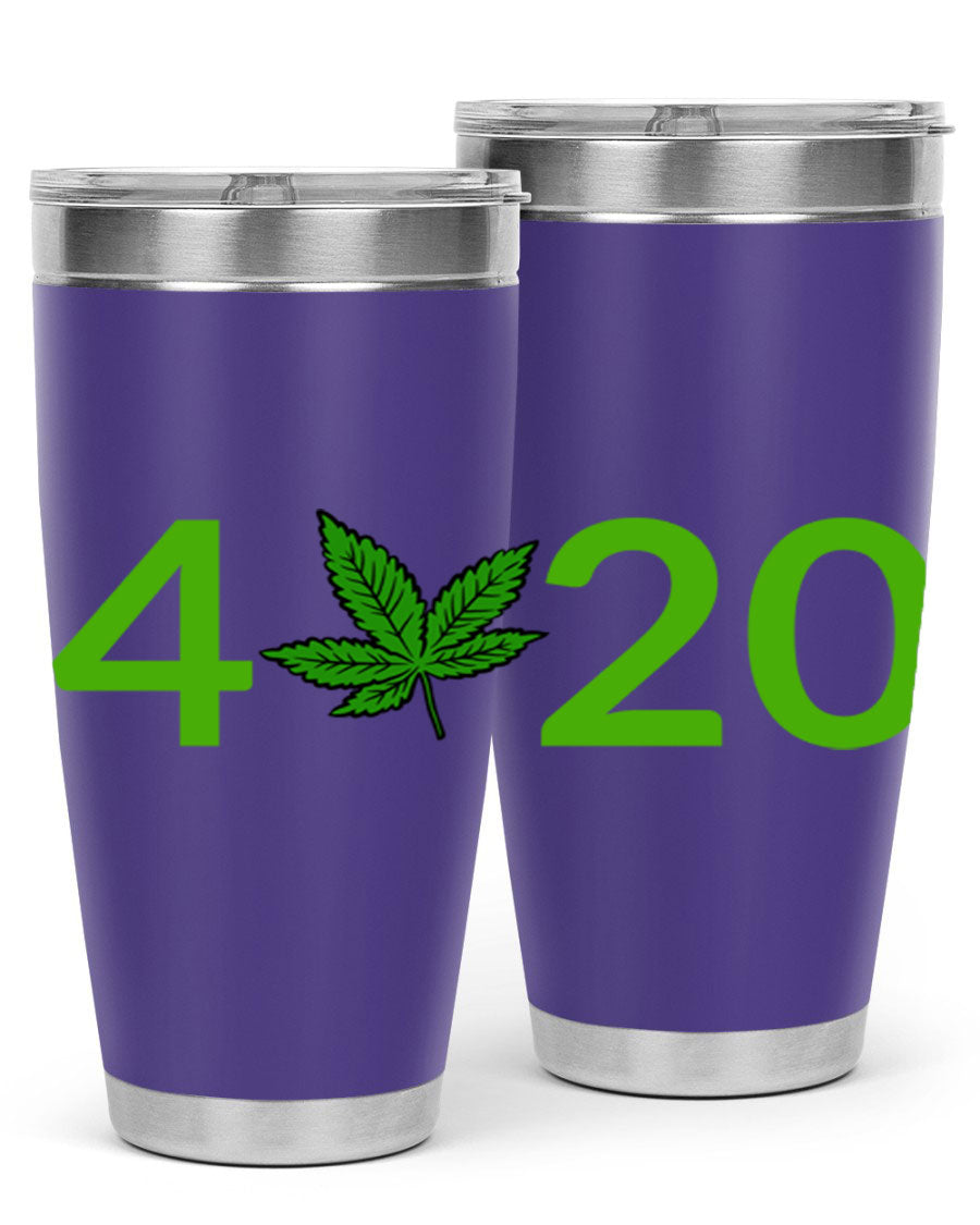 A stylish 20oz cannabis-themed tumbler made of stainless steel with a drink-thru lid, showcasing its double wall vacuum insulation.