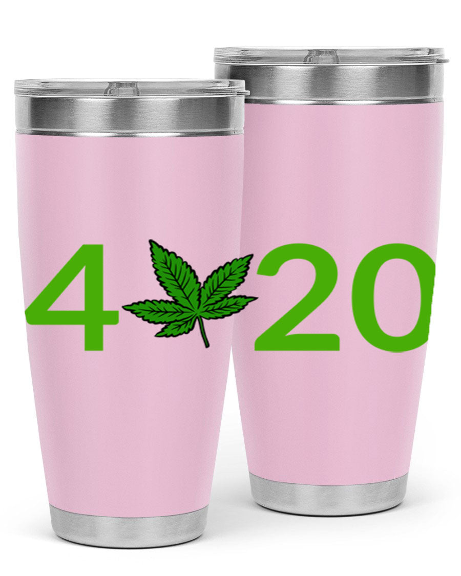 A stylish 20oz cannabis-themed tumbler made of stainless steel with a drink-thru lid, showcasing its double wall vacuum insulation.