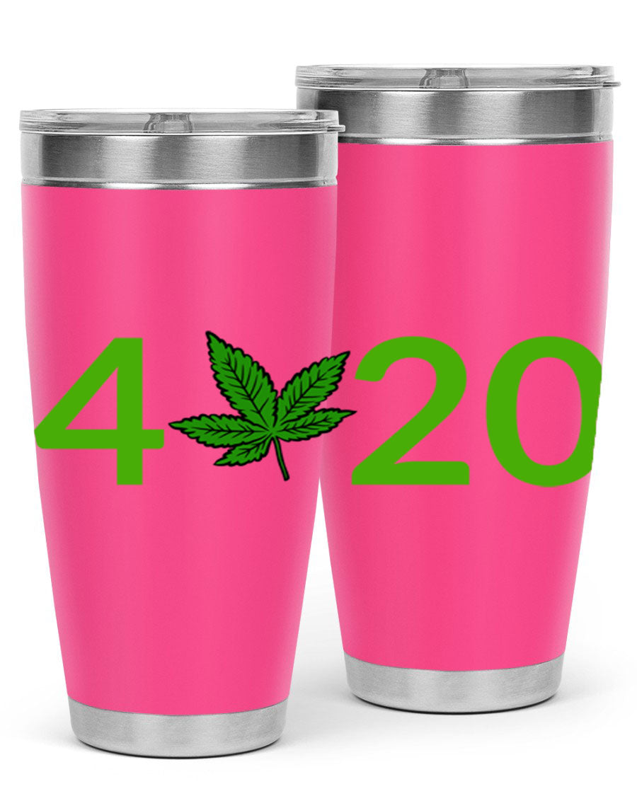 A stylish 20oz cannabis-themed tumbler made of stainless steel with a drink-thru lid, showcasing its double wall vacuum insulation.