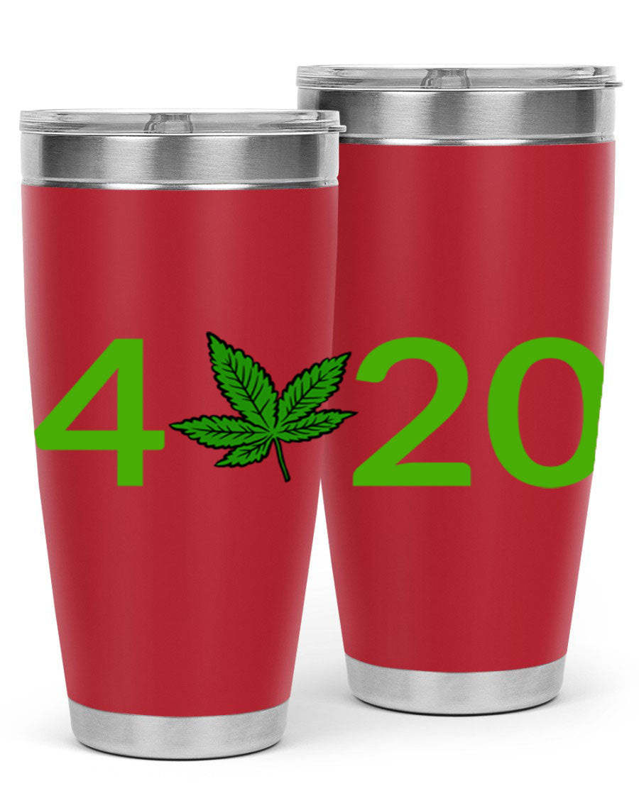A stylish 20oz cannabis-themed tumbler made of stainless steel with a drink-thru lid, showcasing its double wall vacuum insulation.