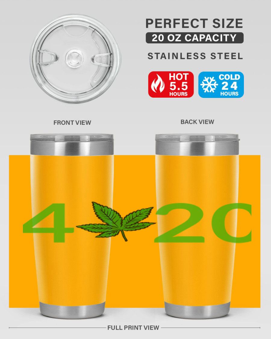 A stylish 20oz cannabis-themed tumbler made of stainless steel with a drink-thru lid, showcasing its double wall vacuum insulation.