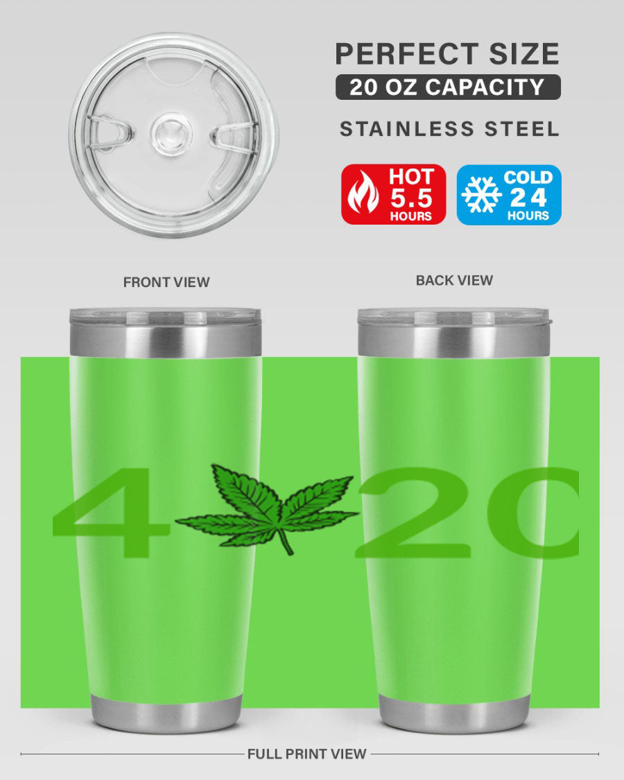 A stylish 20oz cannabis-themed tumbler made of stainless steel with a drink-thru lid, showcasing its double wall vacuum insulation.