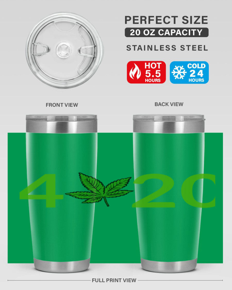 A stylish 20oz cannabis-themed tumbler made of stainless steel with a drink-thru lid, showcasing its double wall vacuum insulation.