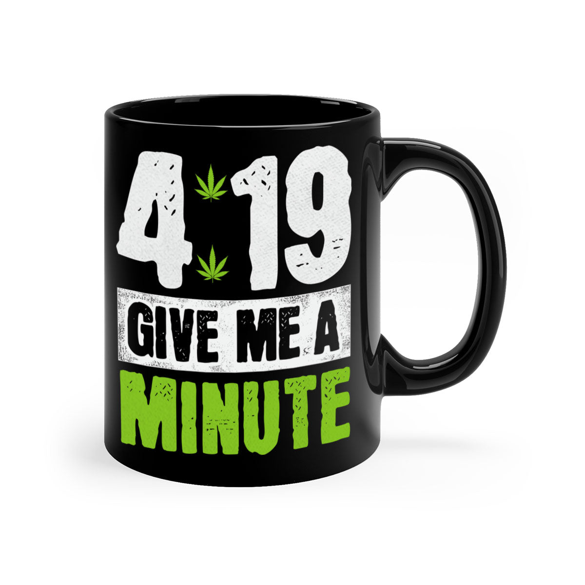 A stylish two-tone ceramic coffee mug with a colored handle and interior, available in five colors, featuring the text '4-19 give me a minute 85#'.