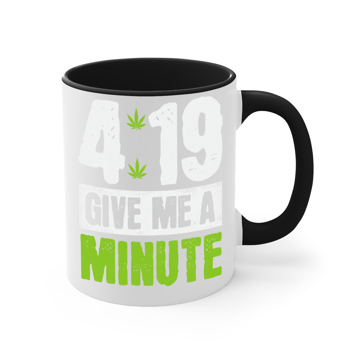 A stylish two-tone ceramic coffee mug with a colored handle and interior, available in five colors, featuring the text '4-19 give me a minute 85#'.