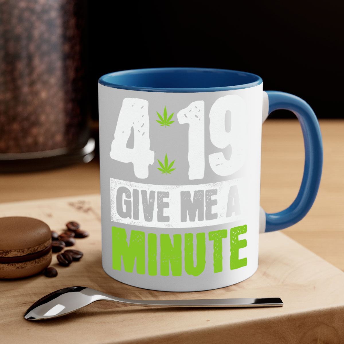A stylish two-tone ceramic coffee mug with a colored handle and interior, available in five colors, featuring the text '4-19 give me a minute 85#'.