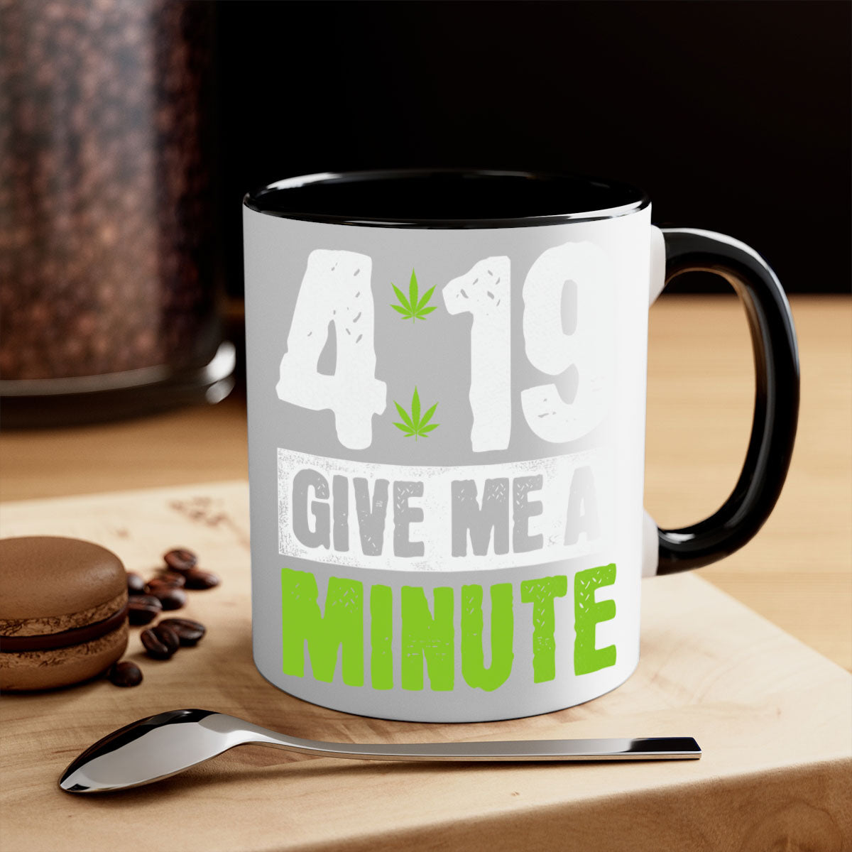 A stylish two-tone ceramic coffee mug with a colored handle and interior, available in five colors, featuring the text '4-19 give me a minute 85#'.