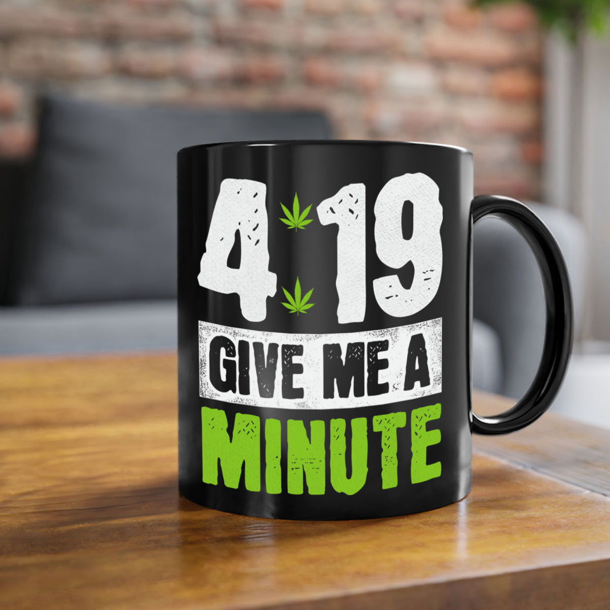A stylish two-tone ceramic coffee mug with a colored handle and interior, available in five colors, featuring the text '4-19 give me a minute 85#'.
