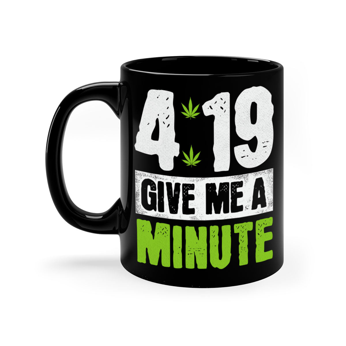 A stylish two-tone ceramic coffee mug with a colored handle and interior, available in five colors, featuring the text '4-19 give me a minute 85#'.
