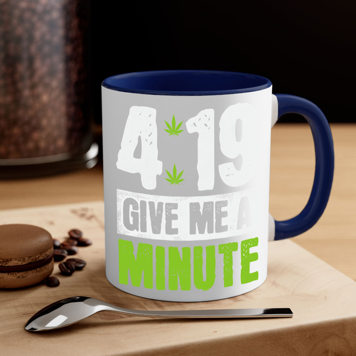 A stylish two-tone ceramic coffee mug with a colored handle and interior, available in five colors, featuring the text '4-19 give me a minute 85#'.