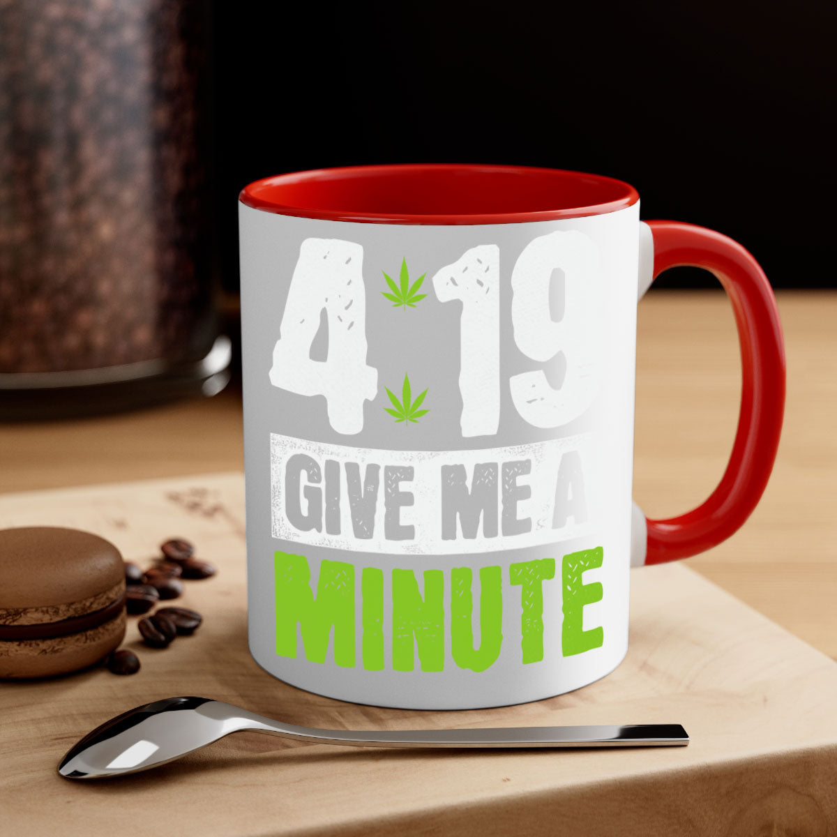 A stylish two-tone ceramic coffee mug with a colored handle and interior, available in five colors, featuring the text '4-19 give me a minute 85#'.