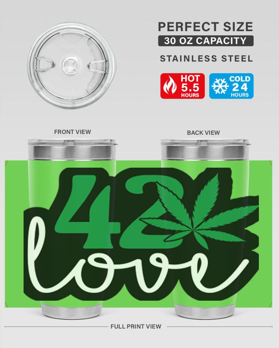 420 Love 20oz Tumbler made of stainless steel with a vibrant design, featuring a drink-thru lid and double wall vacuum insulation.