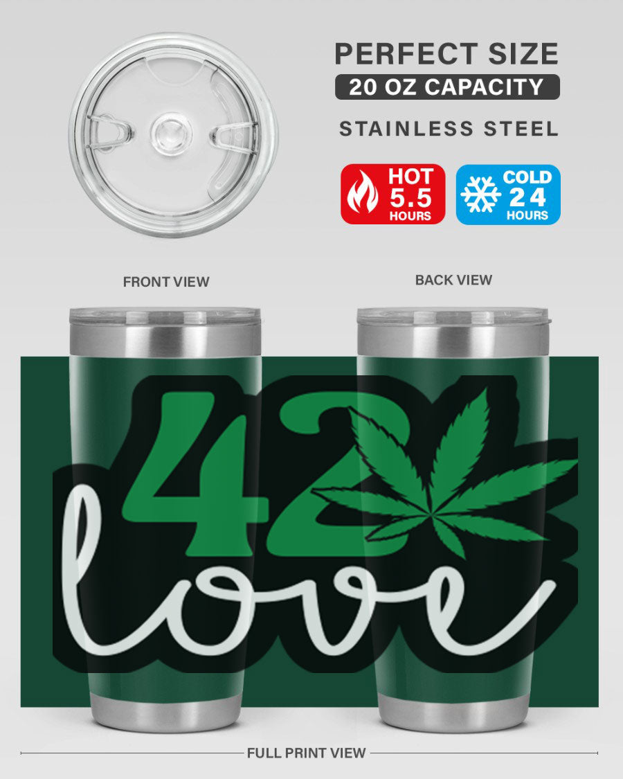 420 Love 20oz Tumbler made of stainless steel with a vibrant design, featuring a drink-thru lid and double wall vacuum insulation.